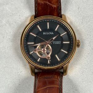 Bulova Watch Mens 44mm Automatic Black Dial 21 Jewels Brown Band Working 97A109